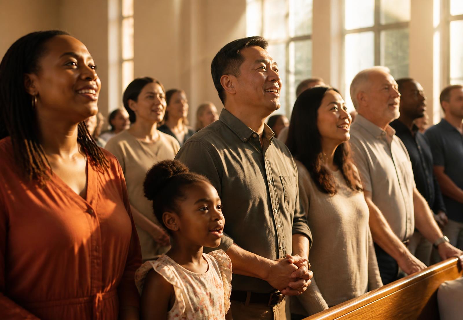 A diverse congregation worshipping together in a sunlit sanctuary